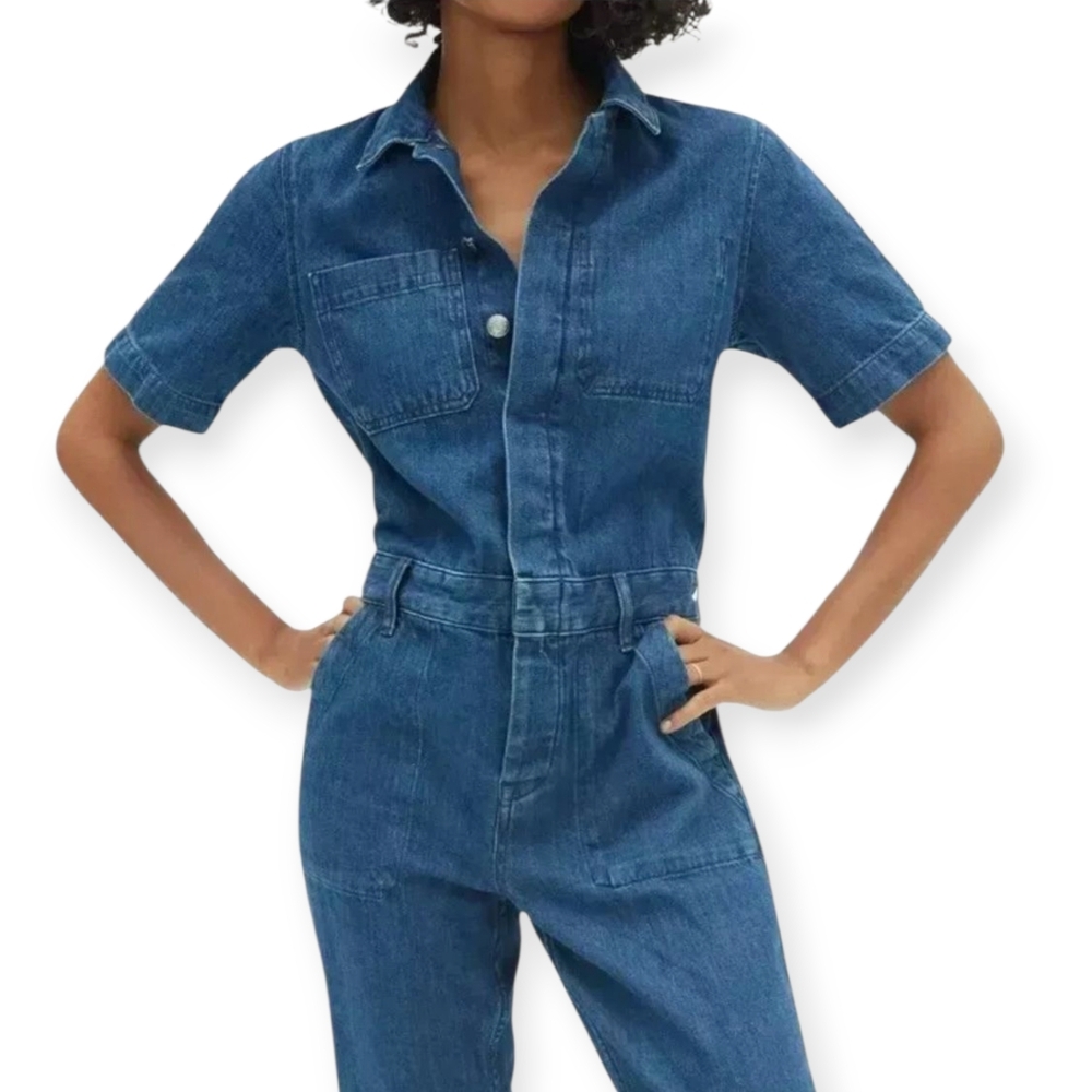 EVERLANE Blue Denim Short-Sleeved Coverall Button-Up Straight Leg Jumpsuit